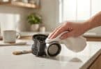 Une main nettoie un groupe café DeLonghi démonté avec un chiffon blanc sur un plan de travail de cuisine.