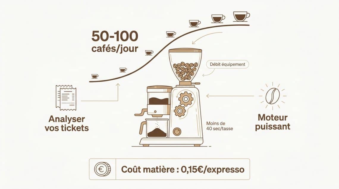 Infographie montrant les crit&egrave;res de choix d'une machine &agrave; caf&eacute; professionnelle : volume, d&eacute;bit, moteur et co&ucirc;t mati&egrave;re.