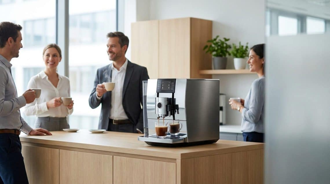 Des collègues discutent autour d'une machine à café automatique Jura dans une cuisine de bureau moderne.