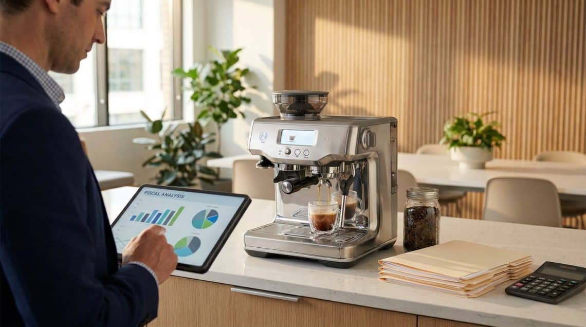 Un homme en costume consulte une tablette avec des graphiques financiers devant une machine à café professionnelle.