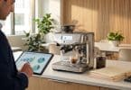 Un homme en costume consulte une tablette avec des graphiques financiers devant une machine à café professionnelle.