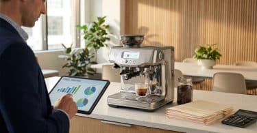 Un homme en costume consulte une tablette avec des graphiques financiers devant une machine à café professionnelle.