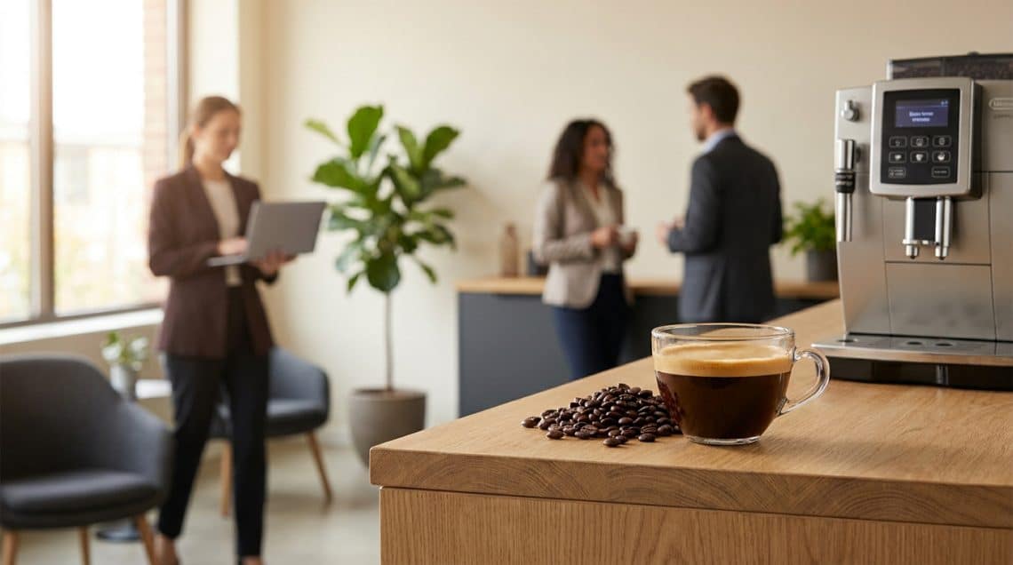 Tasse de caf&eacute; et grains sur un comptoir dans un bureau moderne avec des coll&egrave;gues en arri&egrave;re-plan flou.