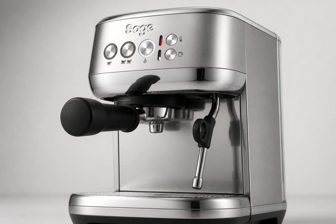 Machine &agrave; expresso Sage compacte en acier bross&eacute; avec porte-filtre noir et buse vapeur sur fond gris clair.