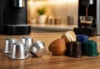 Capsules de café rechargeables en métal et plastique posées sur une table en bois devant une machine à café.