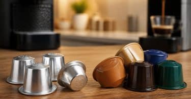 Capsules de café rechargeables en métal et plastique posées sur une table en bois devant une machine à café.