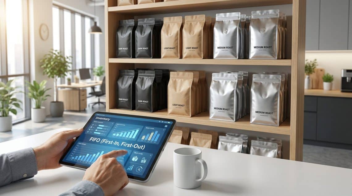 Mains consultant un tableau de bord FIFO sur tablette devant des &eacute;tag&egrave;res de sacs de caf&eacute; organis&eacute;s par type.