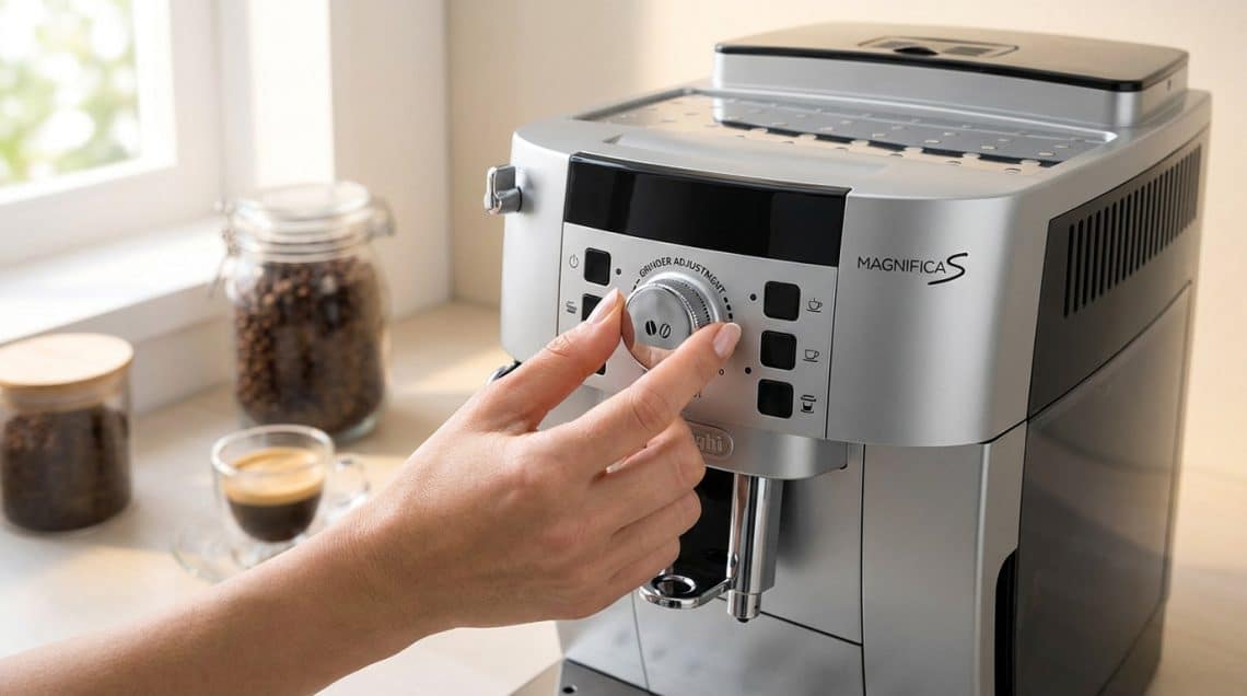 Une main règle la finesse de mouture sur une machine à café DeLonghi Magnifica S dans une cuisine lumineuse.