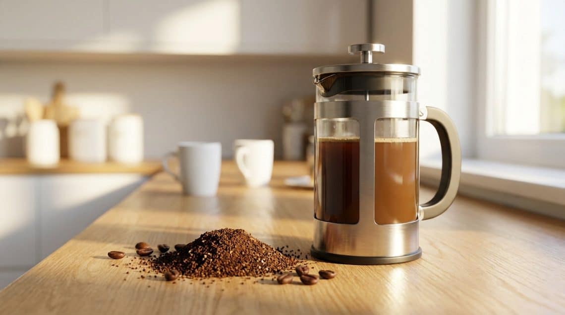 Une cafeti&egrave;re &agrave; piston avec du caf&eacute; moulu grossi&egrave;rement sur un comptoir en bois dans une cuisine lumineuse.