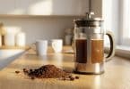 Une cafetière à piston avec du café moulu grossièrement sur un comptoir en bois dans une cuisine lumineuse.