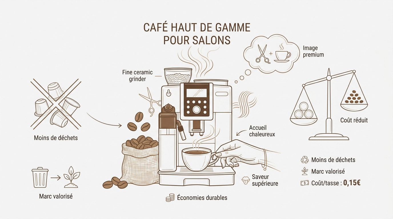 Machine &agrave; caf&eacute; &agrave; grain professionnelle install&eacute;e dans un salon de coiffure &eacute;l&eacute;gant