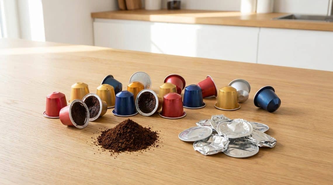 Capsules de caf&eacute; Nespresso color&eacute;es sur une table en bois avec du marc de caf&eacute; et des opercules en aluminium recycl&eacute;s.