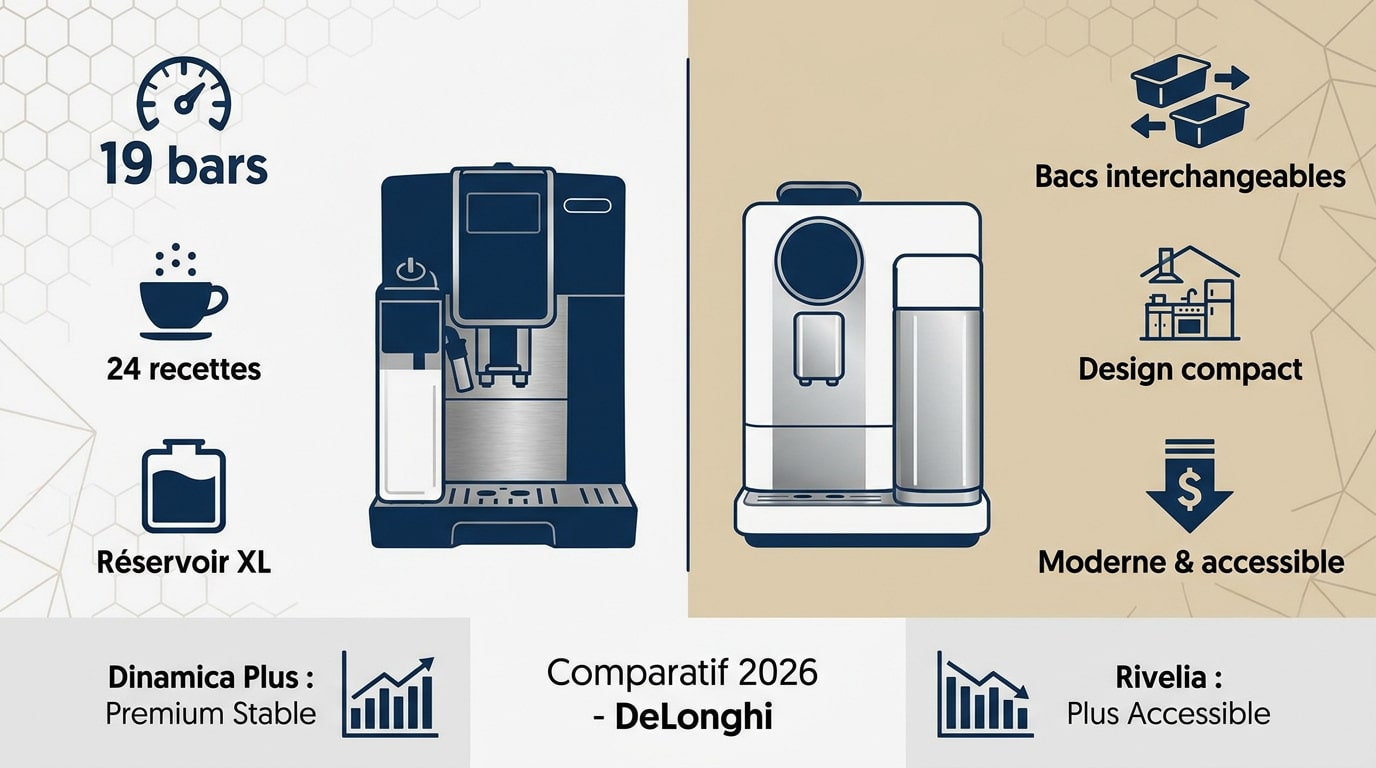 Comparaison visuelle entre la DeLonghi Dinamica Plus et la Rivelia &eacute;dition 2026