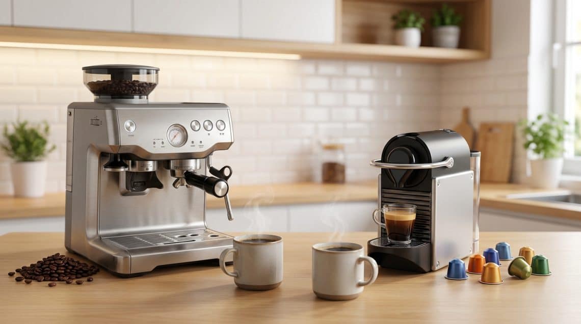 Comparaison entre une machine &agrave; espresso avec broyeur et une machine &agrave; capsules sur un comptoir de cuisine.