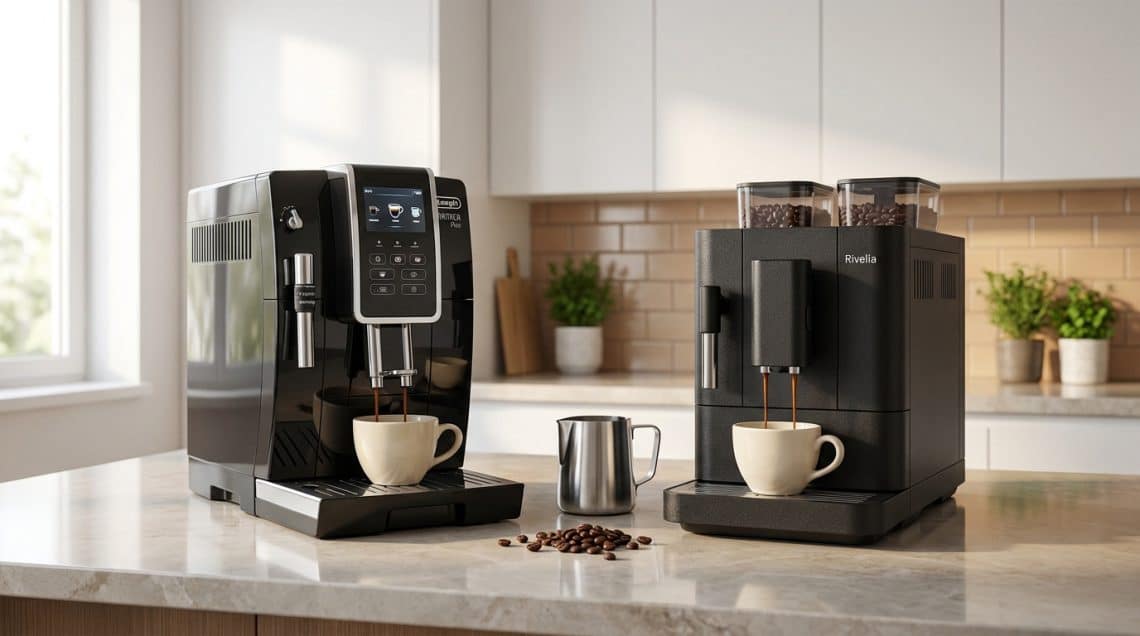Les machines &agrave; caf&eacute; DeLonghi Dinamica Plus et Rivelia c&ocirc;te &agrave; c&ocirc;te sur un comptoir de cuisine moderne.