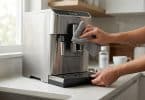 Une personne nettoie le bec verseur d'une machine à café DeLonghi avec un chiffon en microfibre gris.