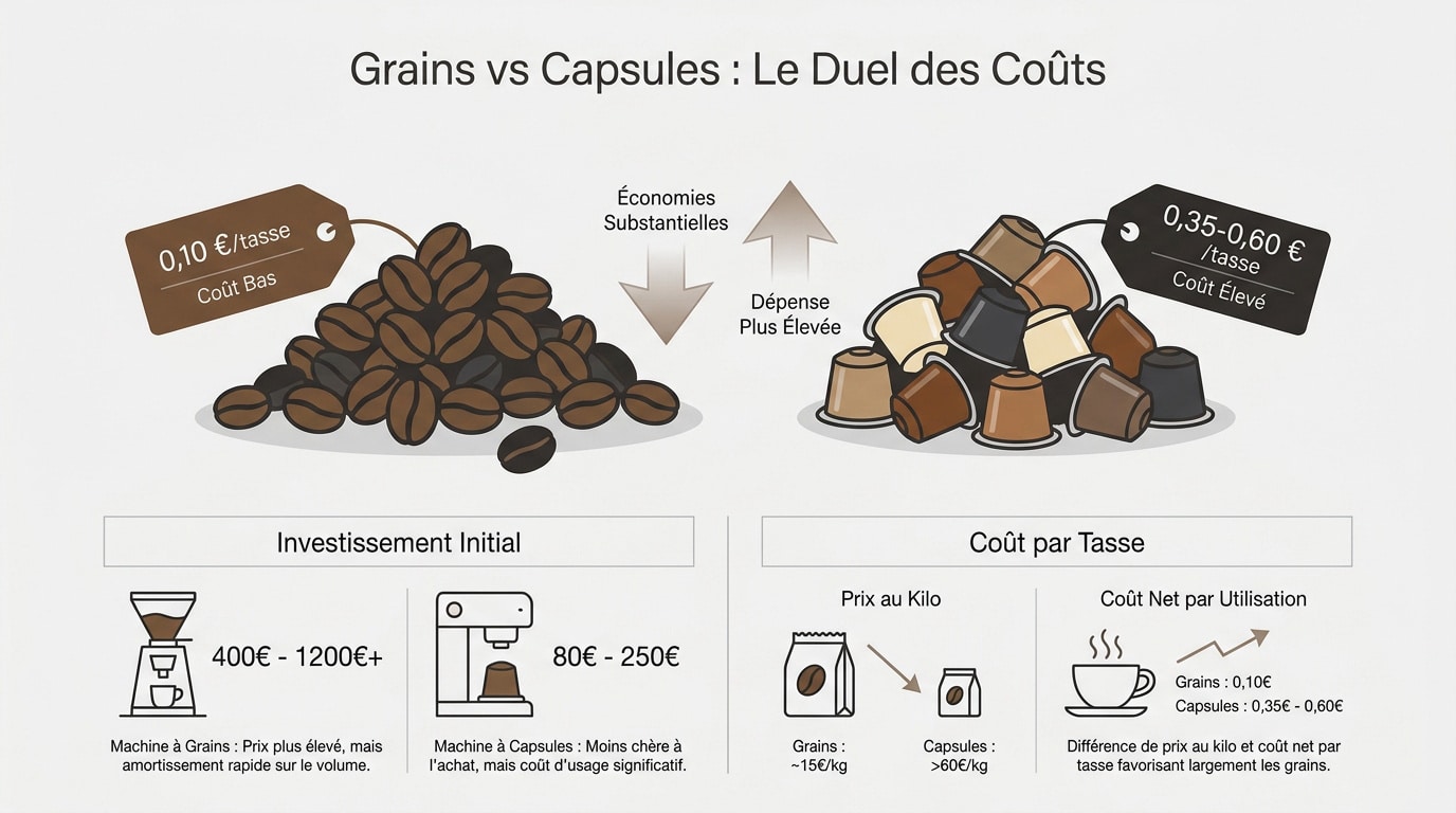 Comparaison visuelle entre grains de caf&eacute; et capsules en aluminium