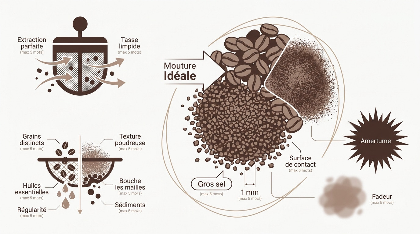 Comparaison visuelle des tailles de mouture de caf&eacute; pour cafeti&egrave;re &agrave; piston et autres m&eacute;thodes