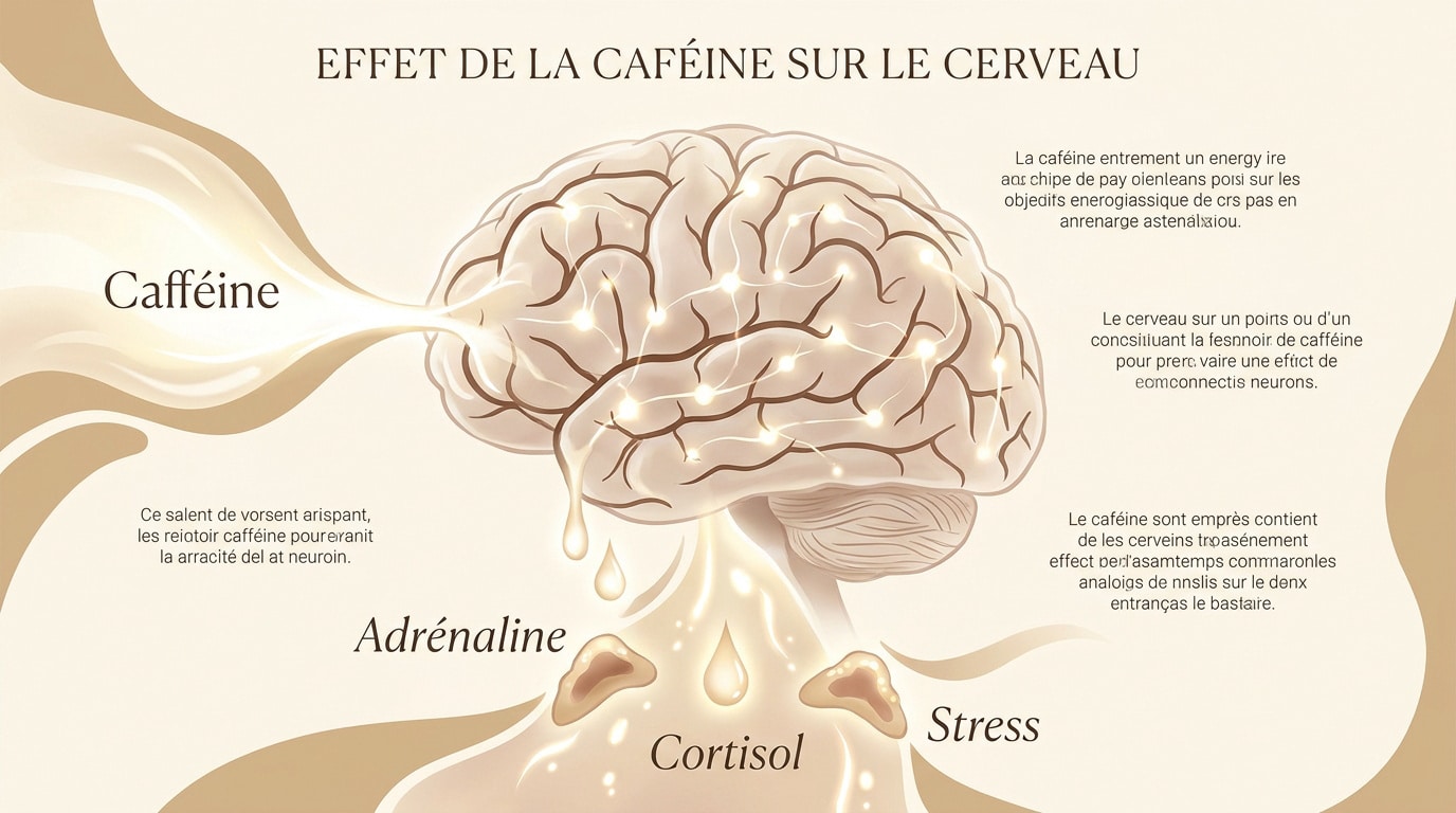 Schéma expliquant l'impact de la caféine sur les récepteurs cérébraux et le système nerveux
