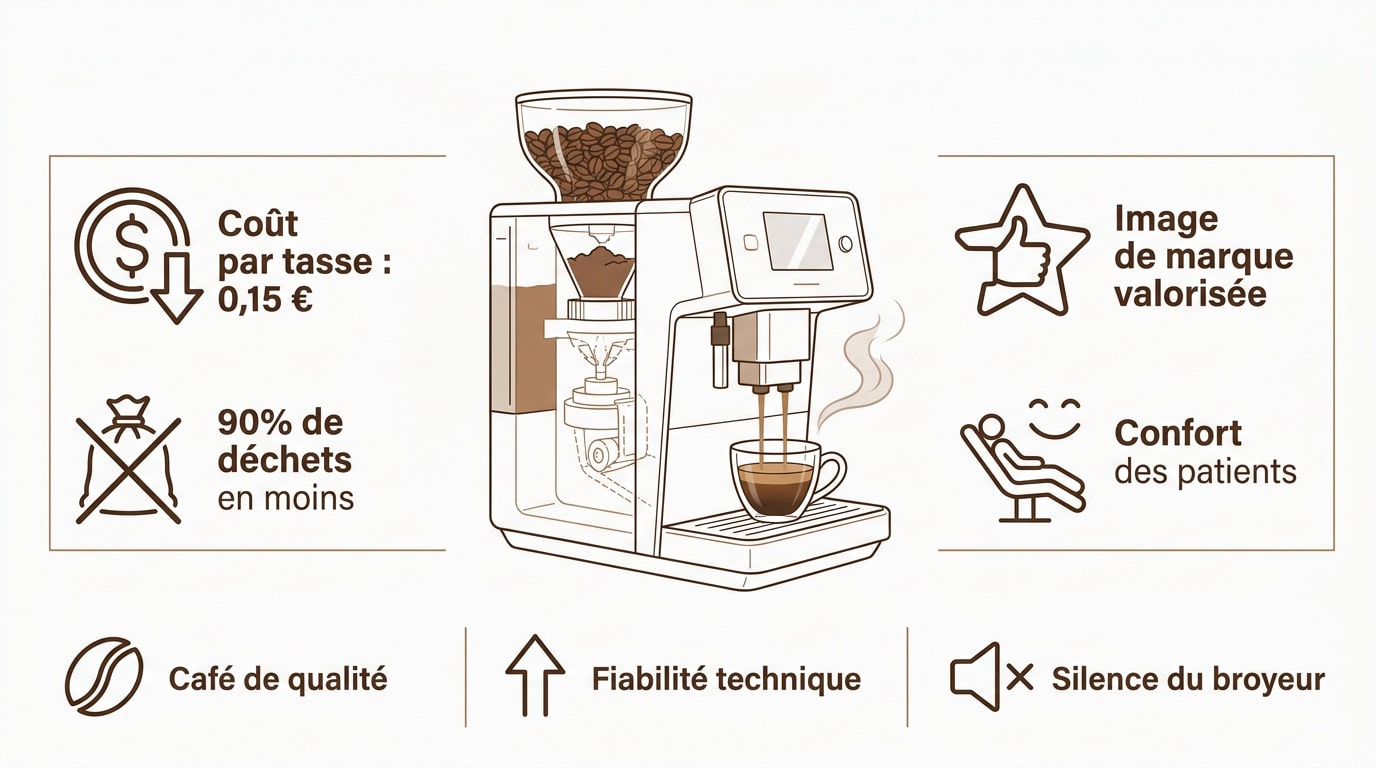 Machine à café à grain professionnelle installée dans une salle d'attente moderne