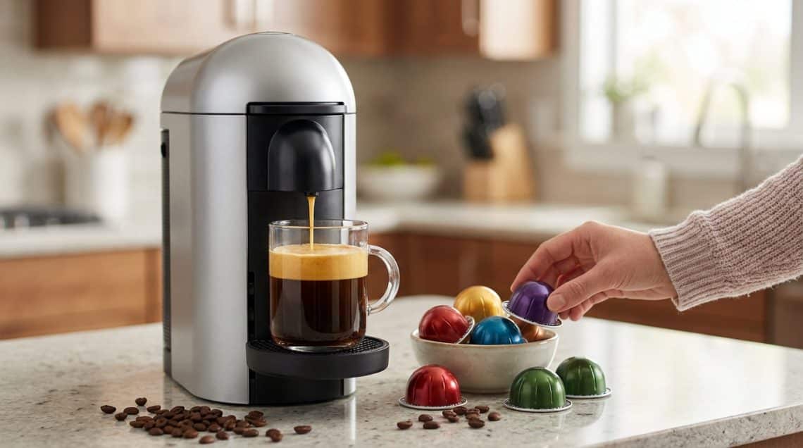Une main choisit une capsule Starbucks color&eacute;e &agrave; c&ocirc;t&eacute; d'une machine Nespresso Vertuo qui pr&eacute;pare un caf&eacute;.