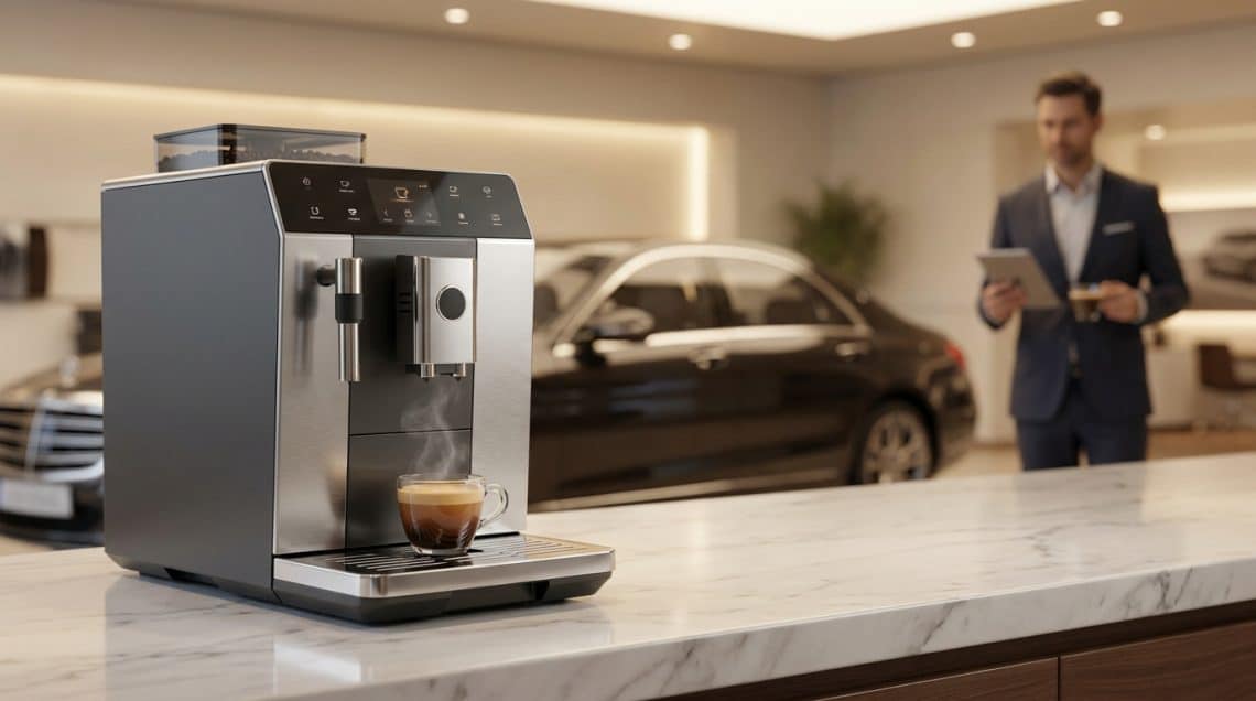 Machine &agrave; caf&eacute; automatique sur comptoir en marbre avec une voiture de luxe et un homme d'affaires en arri&egrave;re-plan.