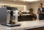 Machine à café automatique sur comptoir en marbre avec une voiture de luxe et un homme d'affaires en arrière-plan.