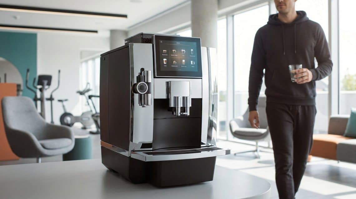 Machine &agrave; caf&eacute; expresso professionnelle pos&eacute;e sur un comptoir dans un espace de d&eacute;tente de salle de sport.