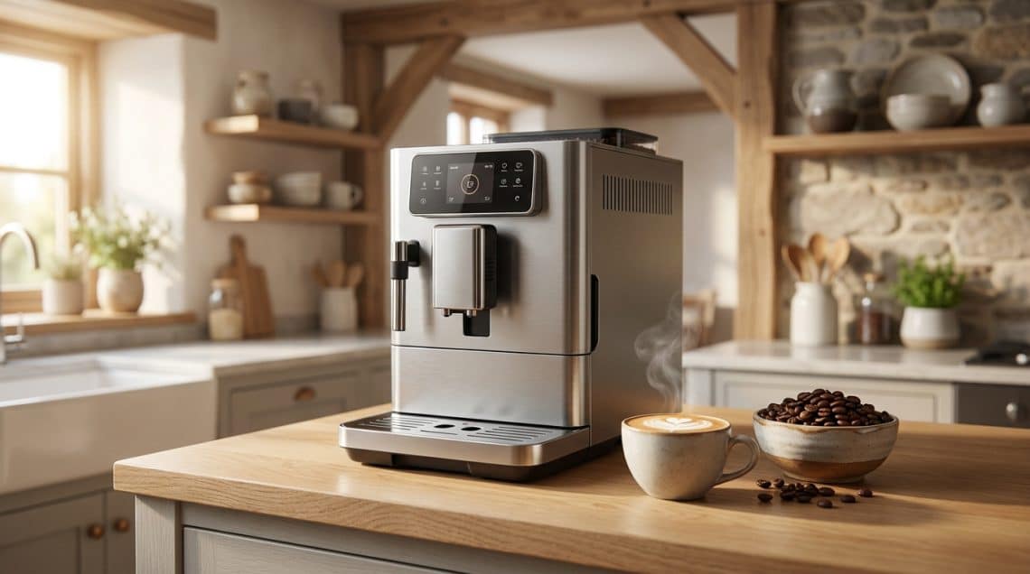 Machine &agrave; caf&eacute; &agrave; grain automatique en acier inoxydable sur un comptoir de cuisine rustique avec une tasse de caf&eacute;.
