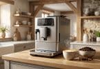 Machine à café à grain automatique en acier inoxydable sur un comptoir de cuisine rustique avec une tasse de café.