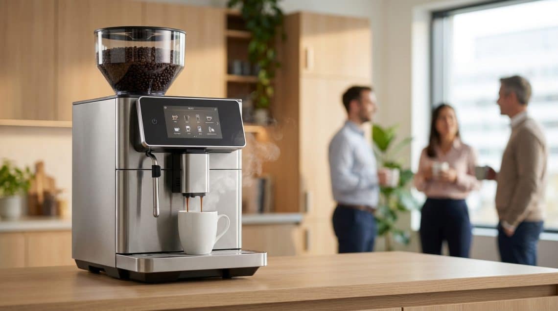 Une machine à café automatique moderne coulant un café sur un comptoir dans une cuisine de bureau avec des collègues.