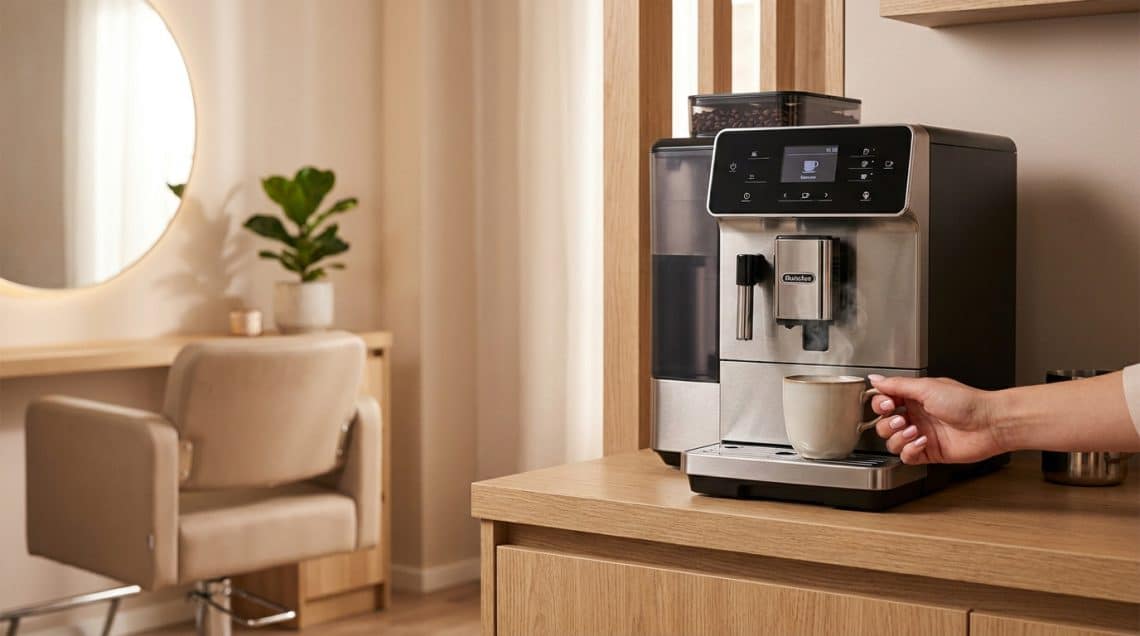 Machine &agrave; caf&eacute; automatique sur un comptoir dans un salon de coiffure moderne avec une main tenant une tasse.
