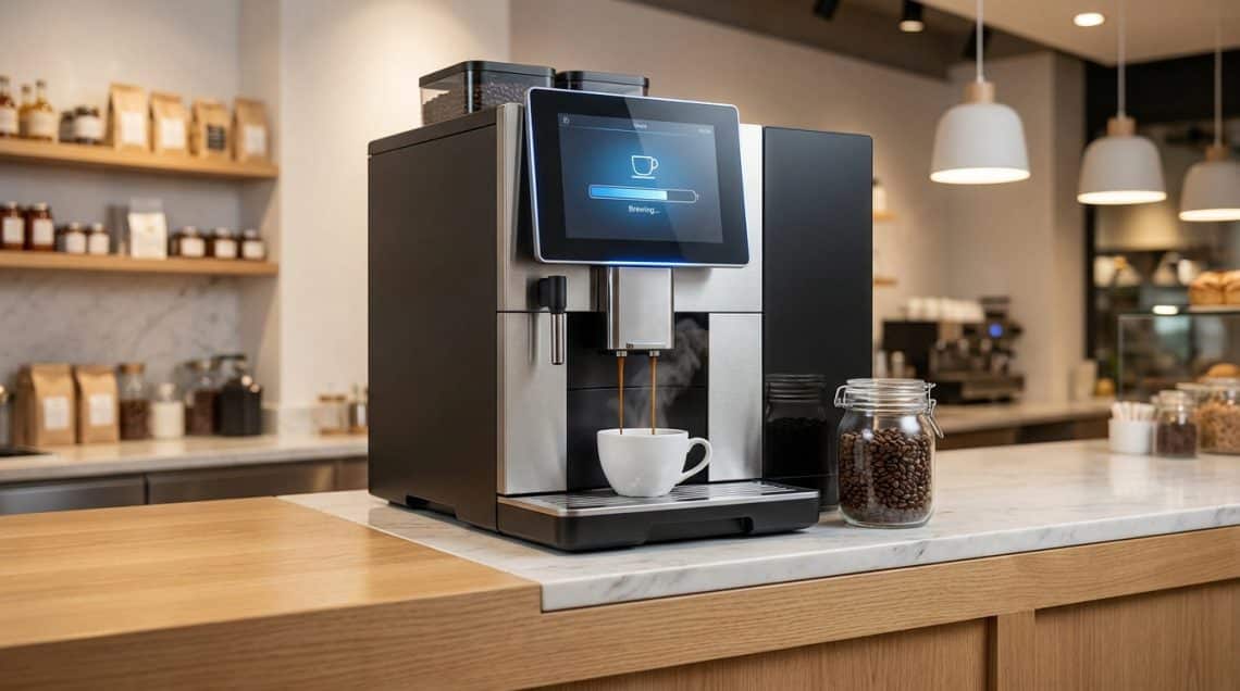 Une machine &agrave; caf&eacute; automatique moderne pr&eacute;parant une tasse d'espresso dans un restaurant &eacute;l&eacute;gant.