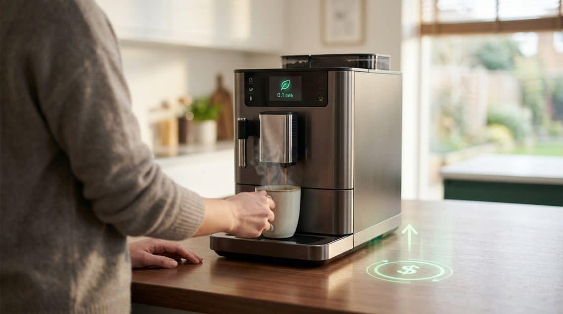Une personne utilise une machine &agrave; caf&eacute; &agrave; grain moderne affichant une consommation &eacute;lectrique sur son &eacute;cran.