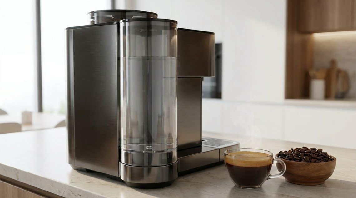 Machine à café à grains moderne en métal sombre avec un grand réservoir d'eau transparent sur un comptoir de cuisine.