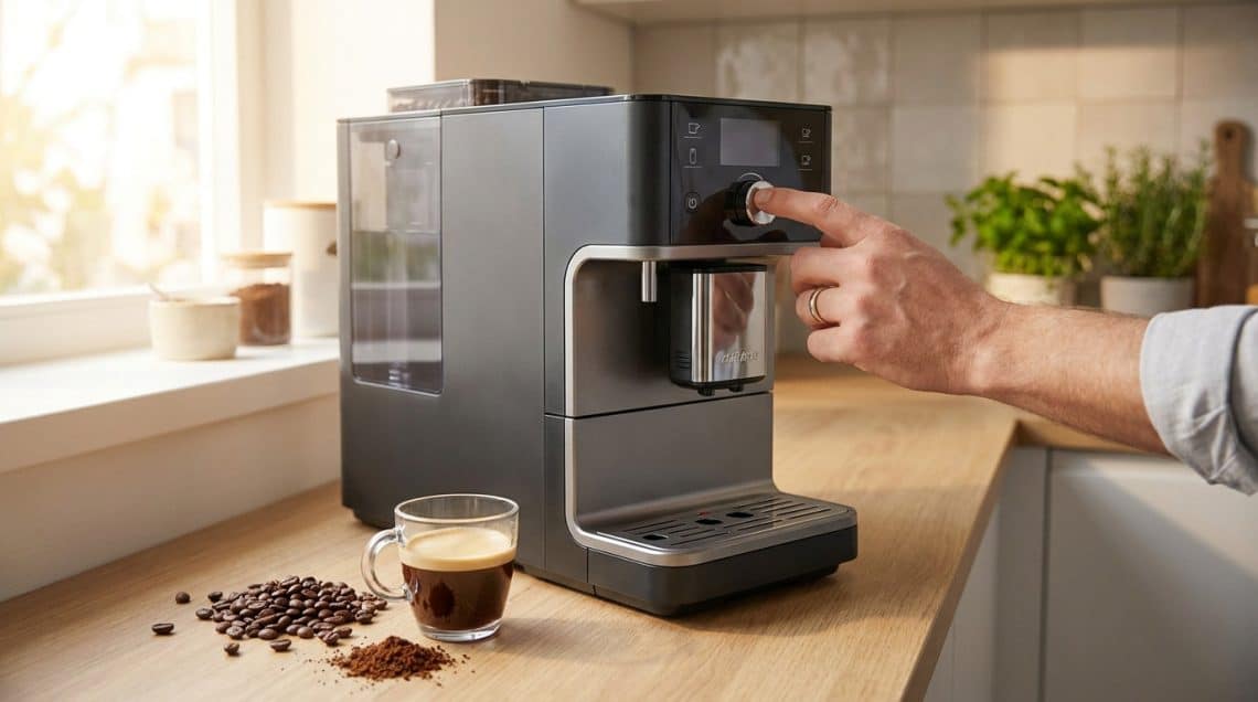 Une main règle une machine à café à grain posée sur un plan de travail en bois avec une tasse de café à côté.