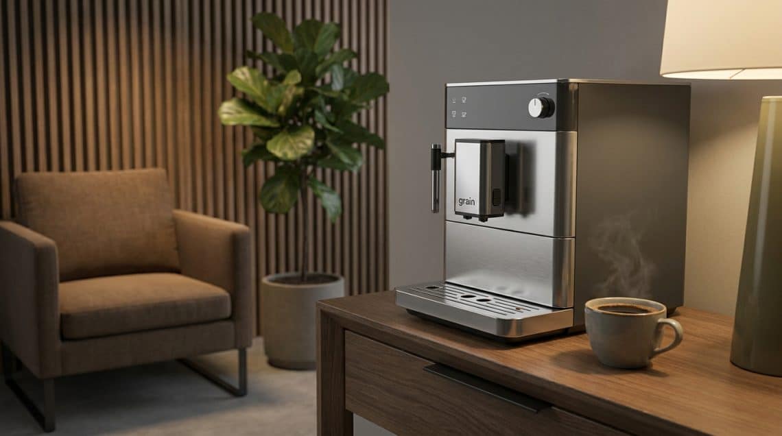 Machine à café moderne en inox posée sur un meuble en bois dans une salle d'attente élégante avec une plante verte.