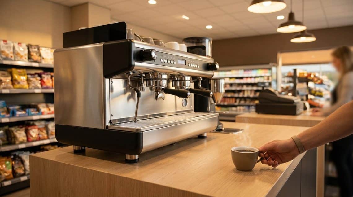 Machine &agrave; caf&eacute; professionnelle en acier sur un comptoir de magasin, avec une main tenant une tasse de caf&eacute; fumant.