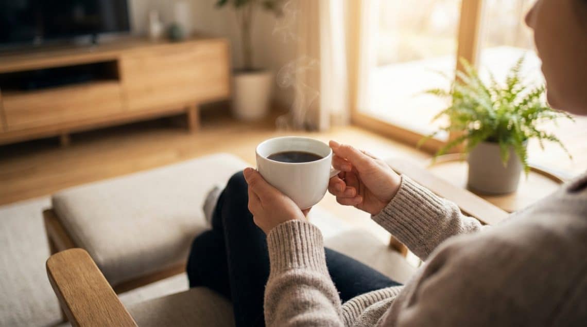 Une personne assise dans un fauteuil tenant une tasse de café fumante dans un salon confortable.