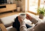 Une personne assise dans un fauteuil tenant une tasse de café fumante dans un salon confortable.