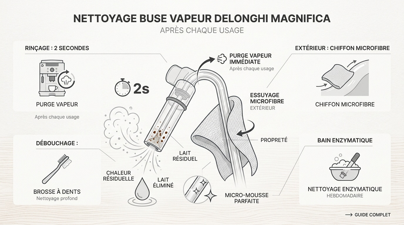 Nettoyage de la buse vapeur d'une machine DeLonghi Magnifica avec un chiffon microfibre