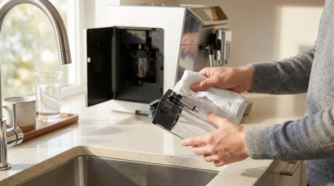 Une personne essuie le réservoir à lait transparent d'une machine à café Philips LatteGo avec un chiffon blanc.