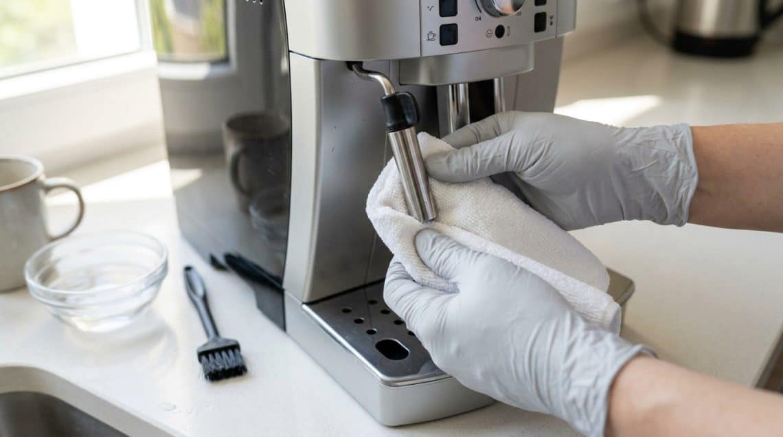 Mains avec gants en latex essuyant la buse vapeur en acier inoxydable d'une machine &agrave; caf&eacute; DeLonghi avec un chiffon blanc.