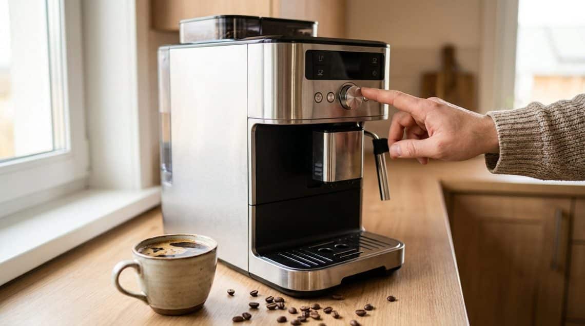 Une main r&egrave;gle le bouton d'une machine &agrave; caf&eacute; automatique &agrave; c&ocirc;t&eacute; d'une tasse de caf&eacute;.