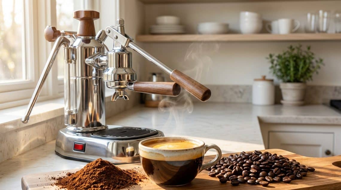 Une machine expresso manuelle chrom&eacute;e avec une tasse de caf&eacute; fumant et des grains de caf&eacute; sur une planche en bois.