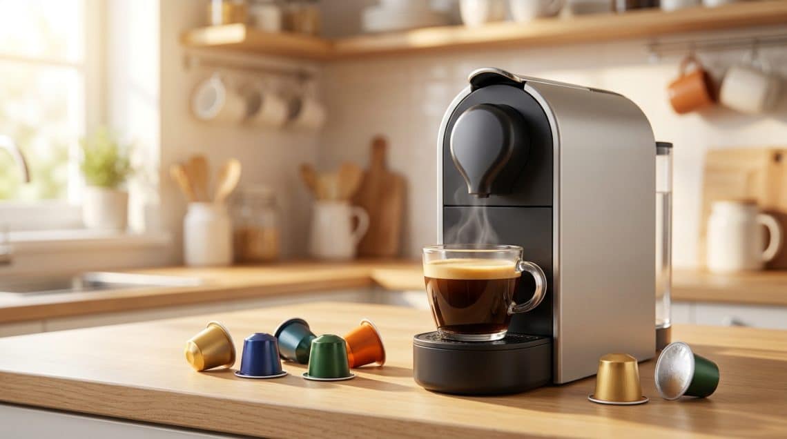 Machine &agrave; caf&eacute; moderne avec des capsules color&eacute;es sur un comptoir de cuisine en bois ensoleill&eacute;.