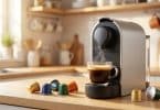Machine à café moderne avec des capsules colorées sur un comptoir de cuisine en bois ensoleillé.