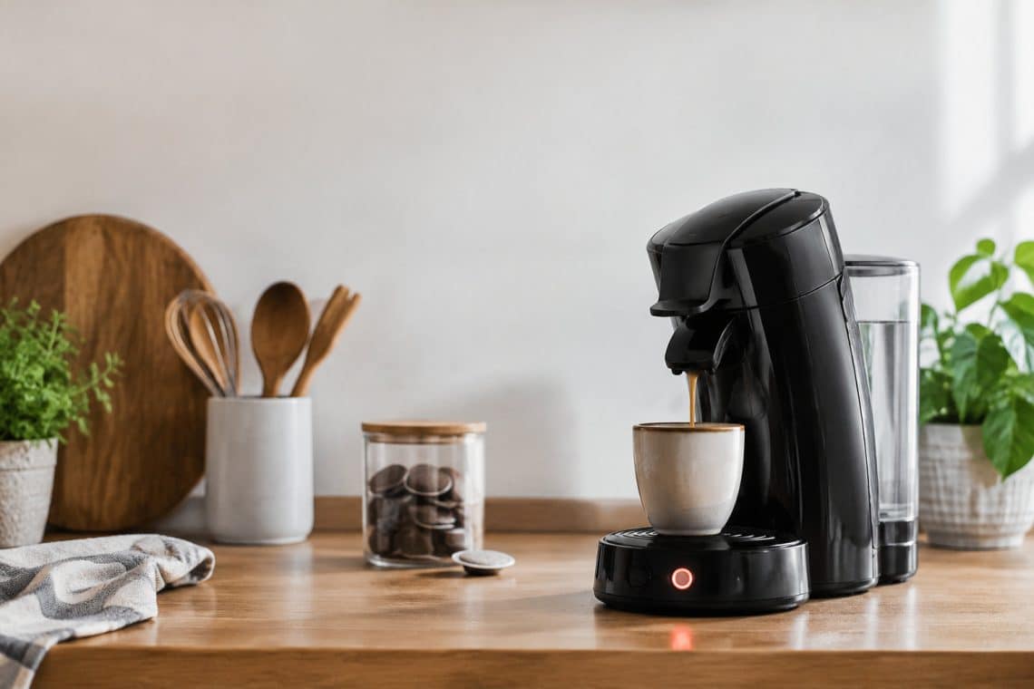 Une cafeti&egrave;re Senseo noire en train de pr&eacute;parer un caf&eacute; sur un comptoir de cuisine en bois.