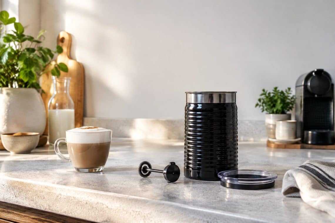 Mousseur &agrave; lait Nespresso noir d&eacute;mont&eacute; sur un comptoir de cuisine, accompagn&eacute; d'une tasse de cappuccino.
