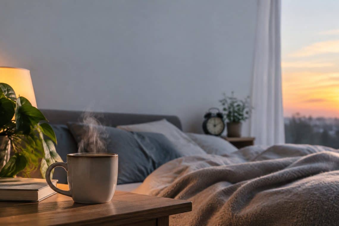 Une tasse de café fumante sur une table de chevet près d'un lit douillet au lever ou au coucher du soleil.